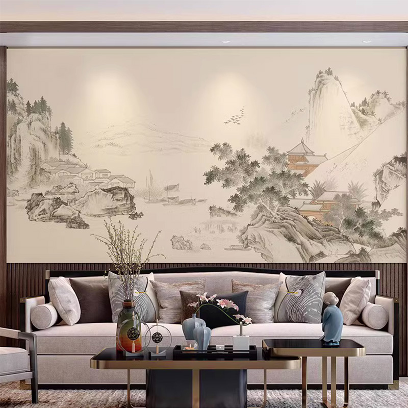 新中式水墨画办公室背景墙壁画山水画饭店酒店茶室定制壁画可定制