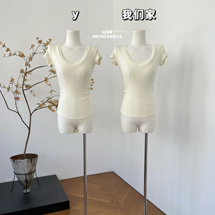 T恤抽褶上衣 高品轻薄真丝天丝纯欲V领正肩短袖 柒月末 slp私服