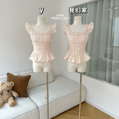 淡颜系方领系带重工小飞袖上衣