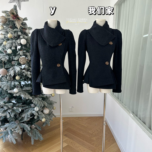 收腰花苞下摆呢外套黑色毛呢大衣