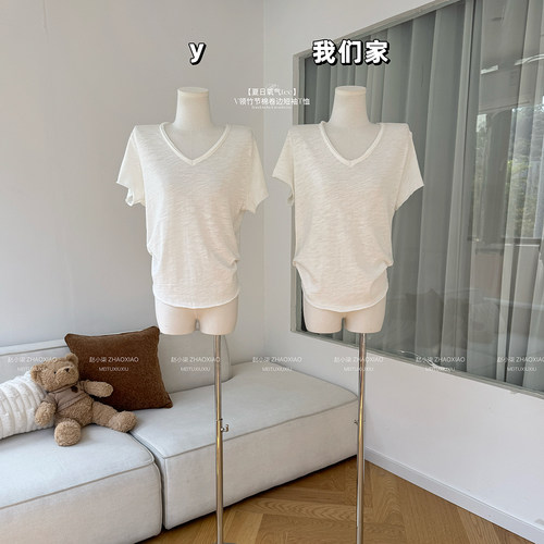V领100竹节棉卷边短袖T恤女春