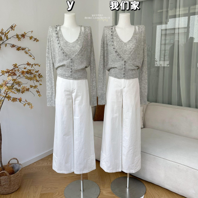 v领针织开衫背心上衣套装
