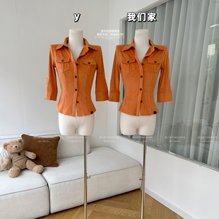 工装 日杂感半袖 垫肩衬衣辣妹上衣 复古性感蜜薯色麂皮衬衫 柒月末