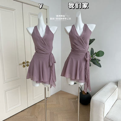 紫色V领挂脖绑带吊带上衣