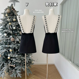 柒月末【封神小黑裙！】手工高定款重工钉钻露背吊带裙新款