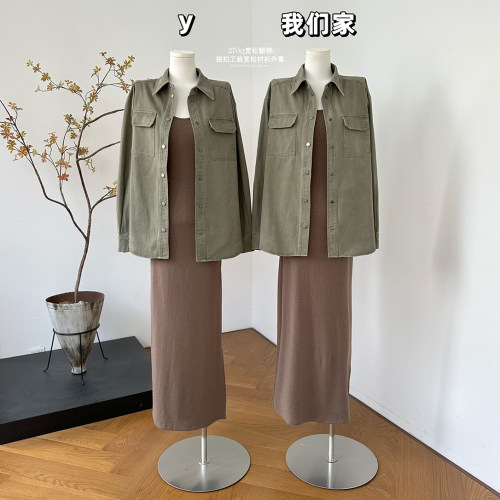 宽松翻领按扣工装衬衫外套