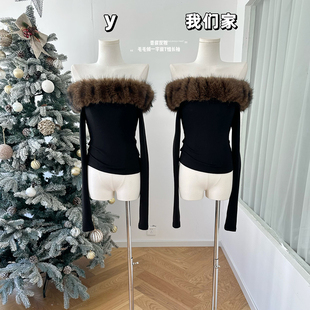 柒月末 香肩反叛黑色毛毛领一字肩T恤长袖修身露肩抹胸辣妹上衣
