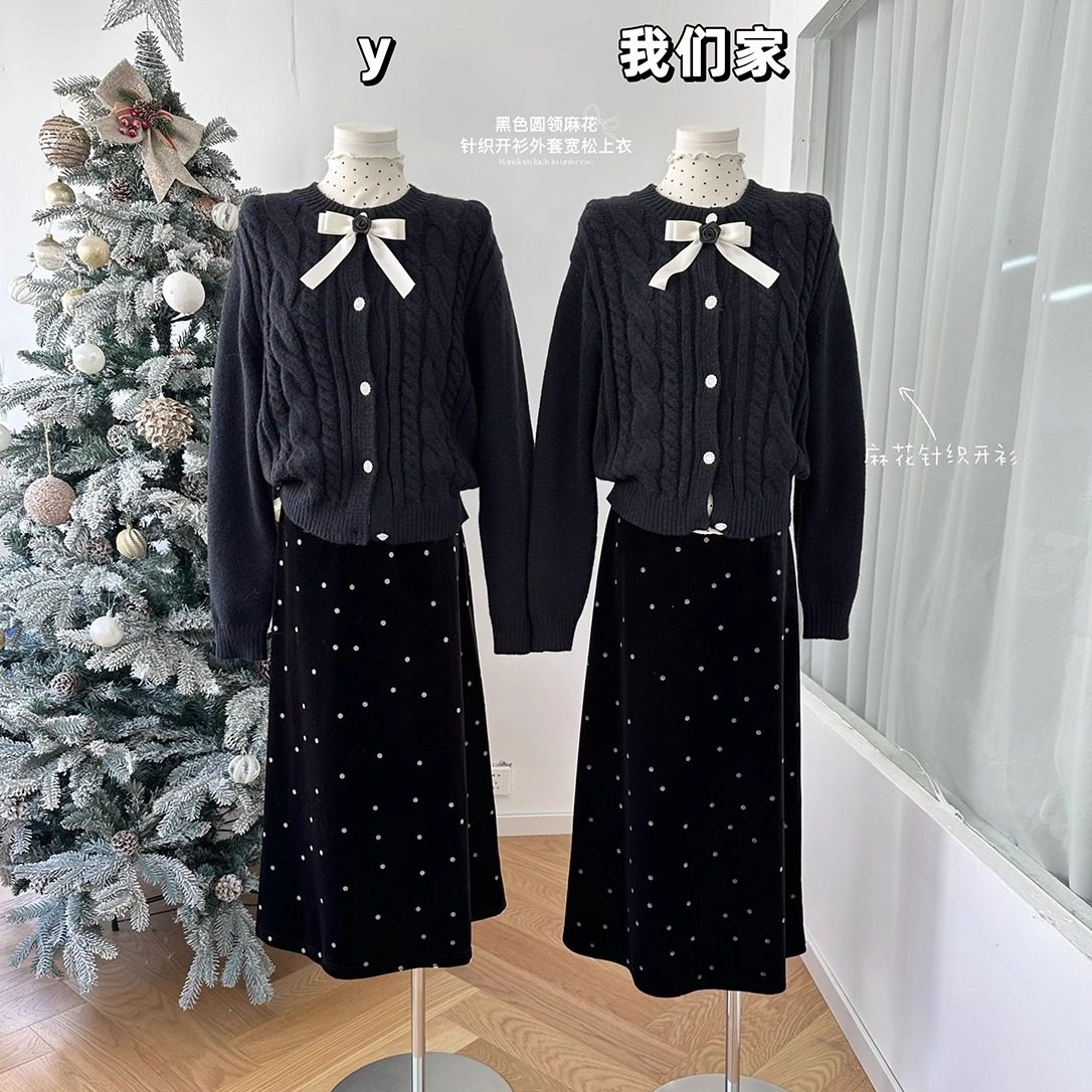 赵小柒黑色圆领麻花针织开衫外套女冬季新款高级感宽松百搭上衣潮