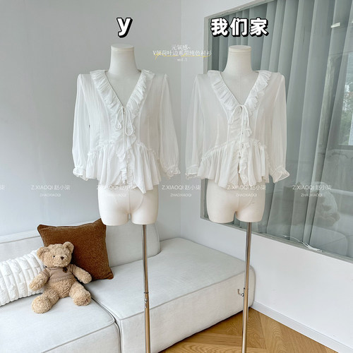 元氧感~V领荷叶边系带纯色衬衫