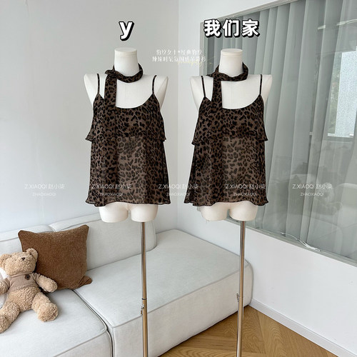 经典豹纹辣妹挂脖飘带吊带衫