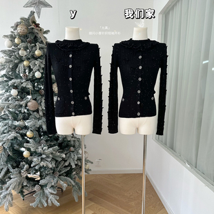 柒月末「允真」立体蝴蝶结花边领可拆细闪小香针织短袖开衫女春