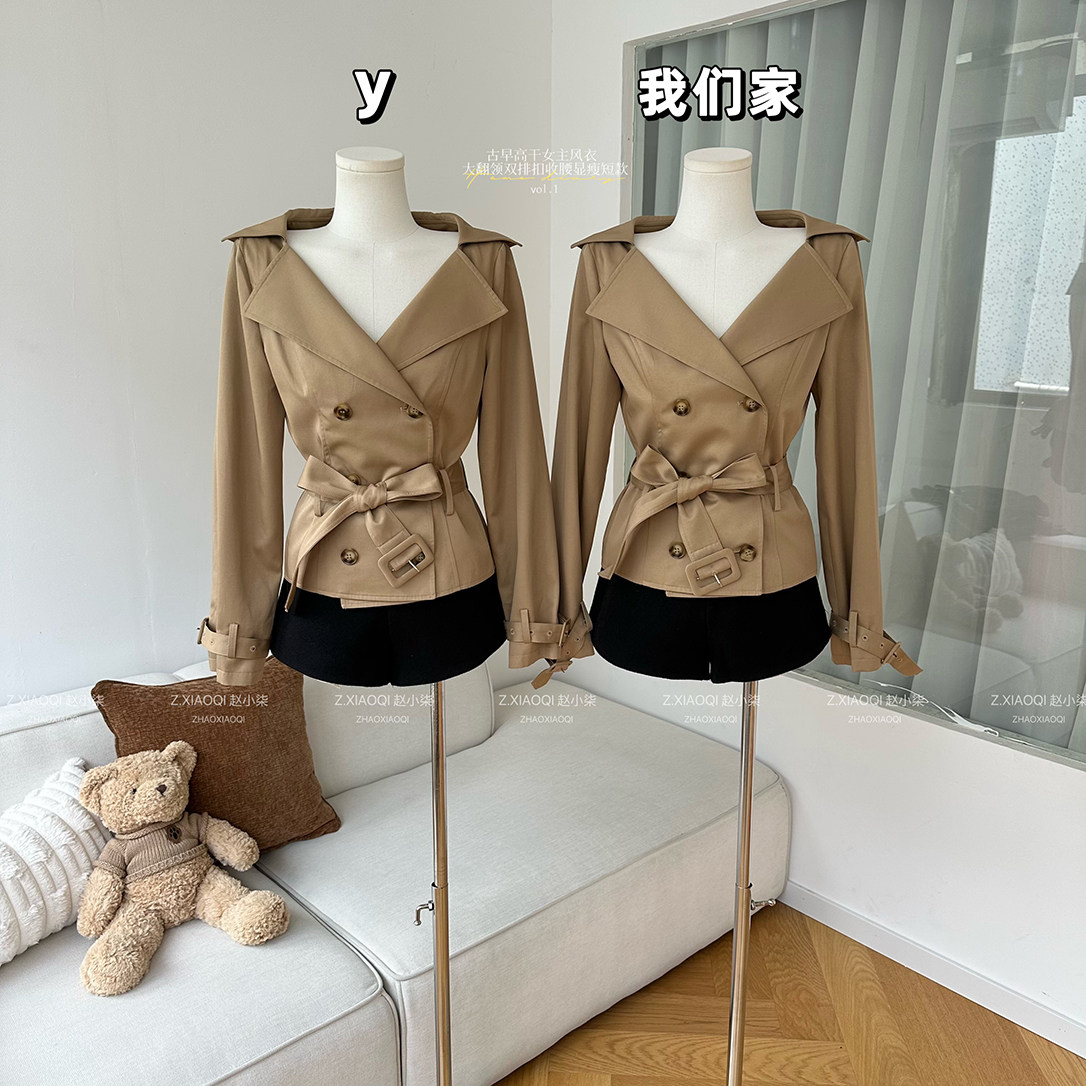 大翻领双排扣收腰显瘦短风衣外套