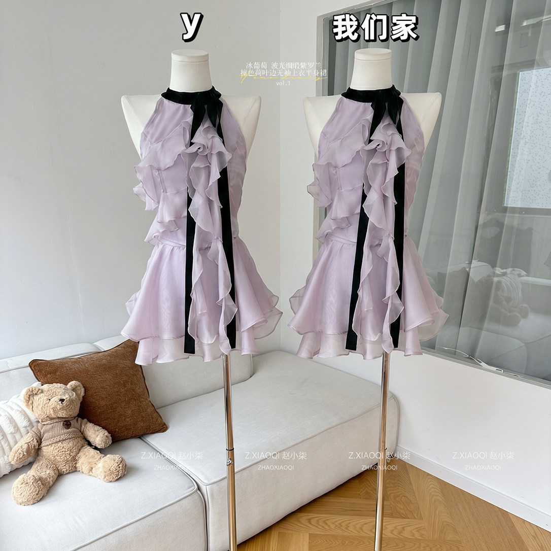 波光绸缎紫罗兰撞色荷叶边蝴蝶结图片