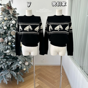 柒月末 1oo羊毛黑色费尔岛毛衣女秋冬复古提花宽松圆领针织毛衫