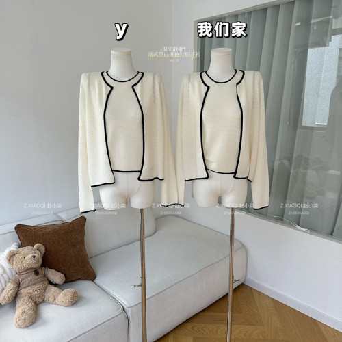 法式黑白撞色针织开衫简约圆领