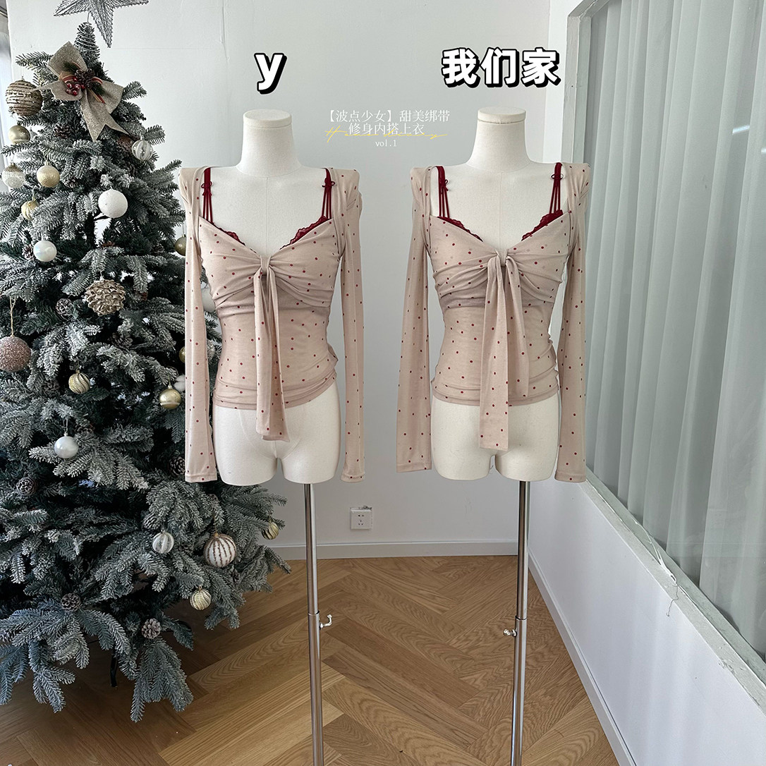 柒月末【波点少女】甜美绑带长袖T恤女冬季修身内搭上衣,女装/女士精品,时尚套装,淘宝优惠券,粉丝福利购,淘宝优惠卷