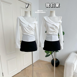 女设计感长袖 柒月末 抽褶衬衫 微弹斜肩修身 上衣早秋 耀眼白月光