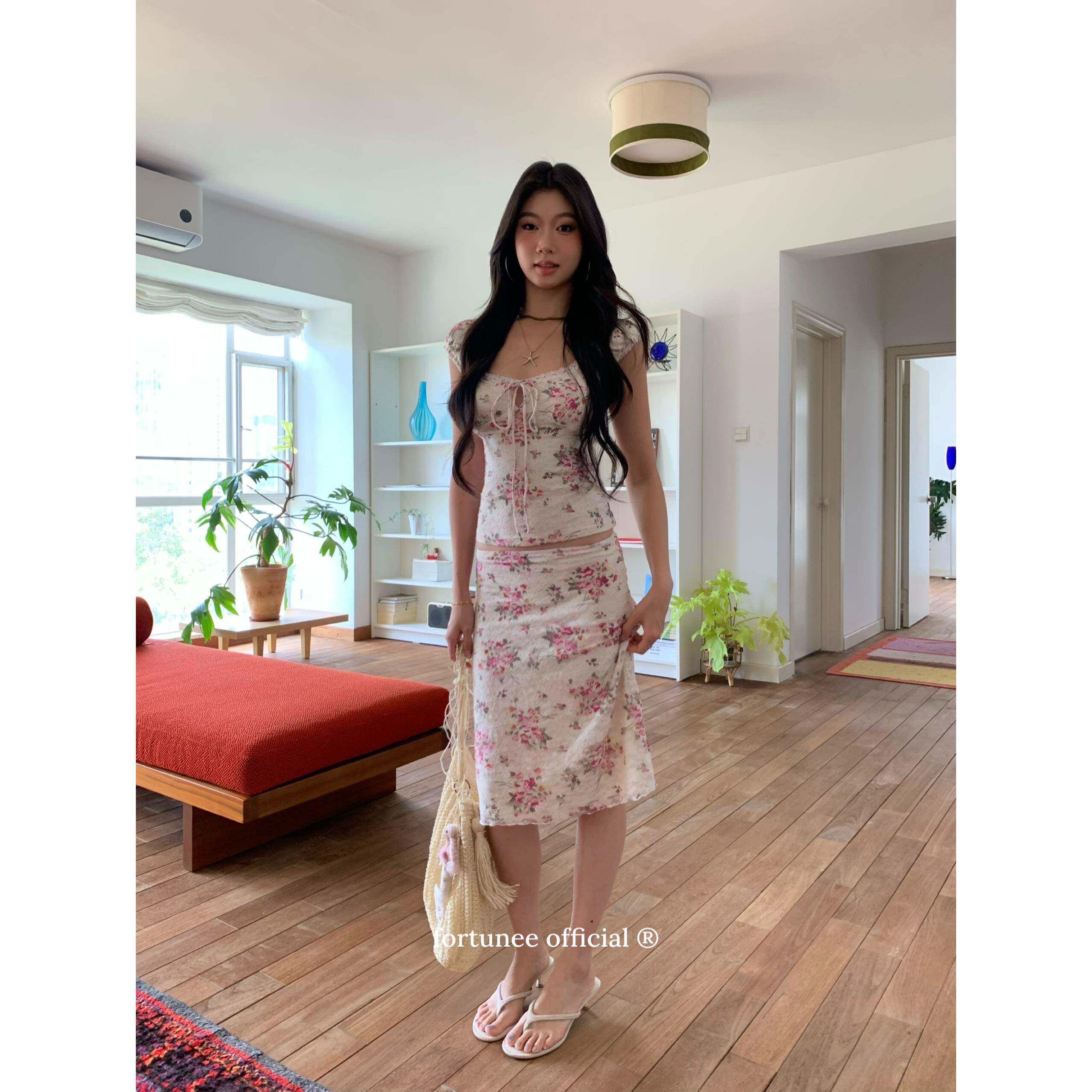 fortunee 碎花套装女夏季新款吊带背心气质低腰包臀半身裙两件套
