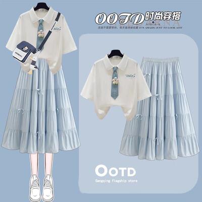 少女夏装2026新款学院风套装裙短袖半身裙初中女生裙子穿搭一整套