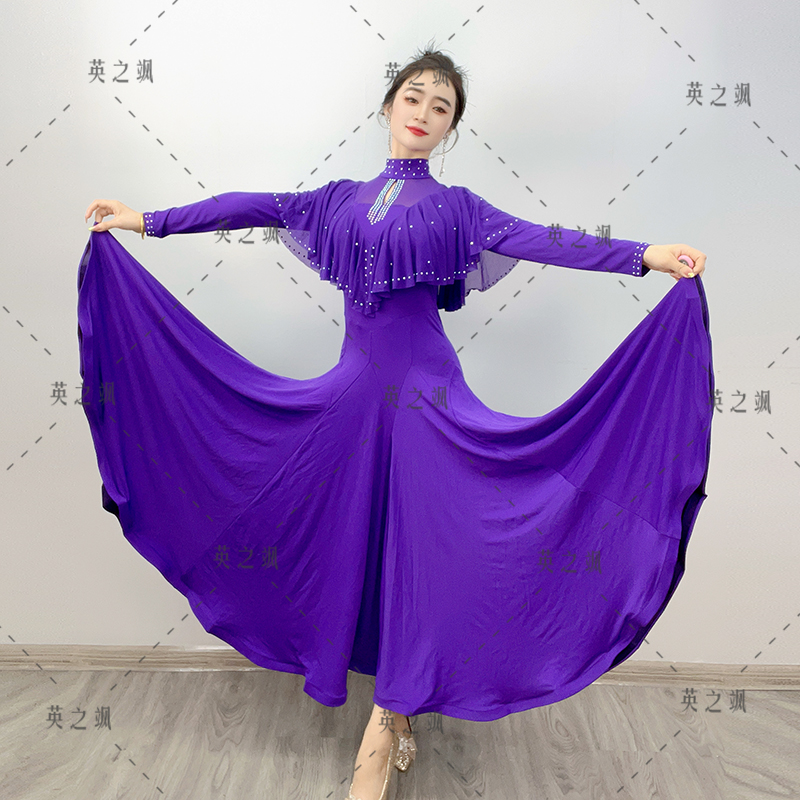 2203英之飒新立领长袖烫钻连衣裙广场舞吉特巴水兵交谊中长舞蹈裙