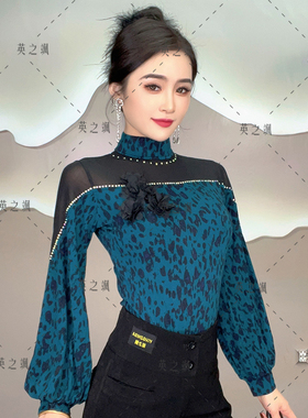 2167英之飒秋冬新款高领灯笼袖跳舞修身百搭广场吉特巴摩登舞上装