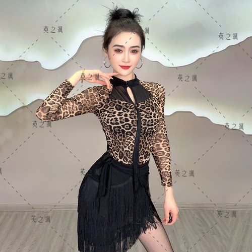 2169英之飒气质国标拉丁舞蹈服广场吉特巴水兵摩登舞豹纹网纱上装