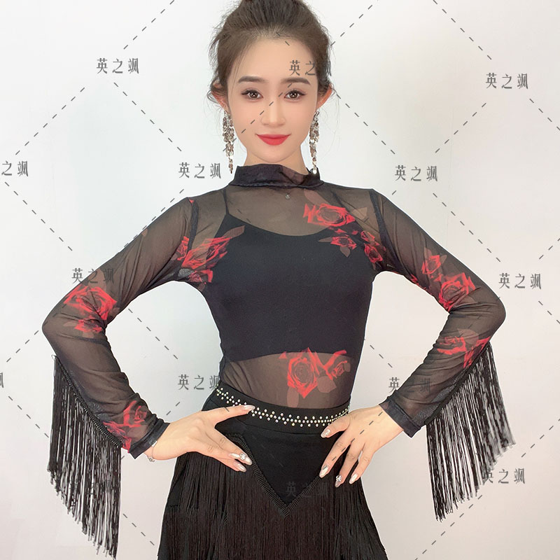 5025英之飒新广场舞吉特巴水兵交谊舞蹈网纱流苏跳舞弹力连体上衣
