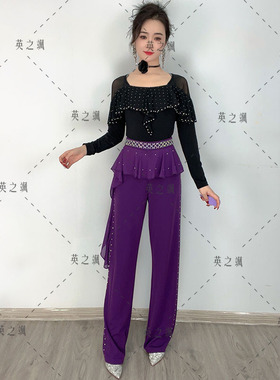 5038英之飒新款荷叶边烫钻直筒广场舞女吉特巴水兵交谊舞跳舞长裤