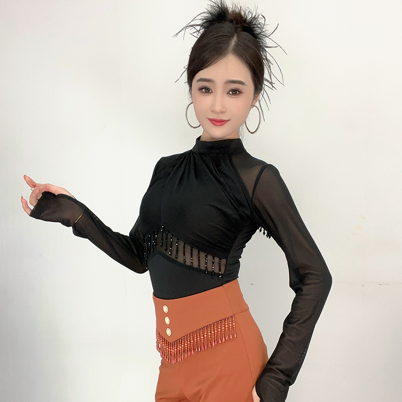 5028英之飒广场舞吉特巴水兵交谊舞蹈跳舞高领珍珠链条连体上衣