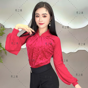 2168英之飒新款高领丝绒广场吉特巴水兵跳舞服时尚灯笼袖连体上衣