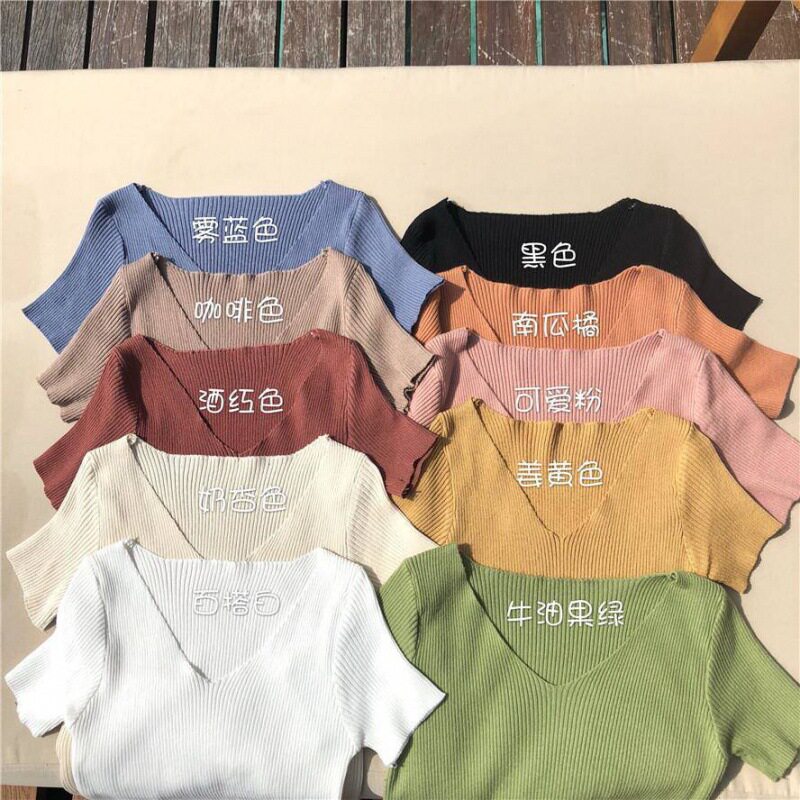 夏装韩版Chic修身显瘦V领打底衫复古短袖T恤百搭针织衫学生上衣女
