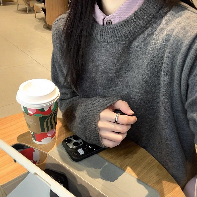 简漫妮韩系复古高级感浣熊绒毛衣女秋冬加厚慵懒风针织衫套头上衣