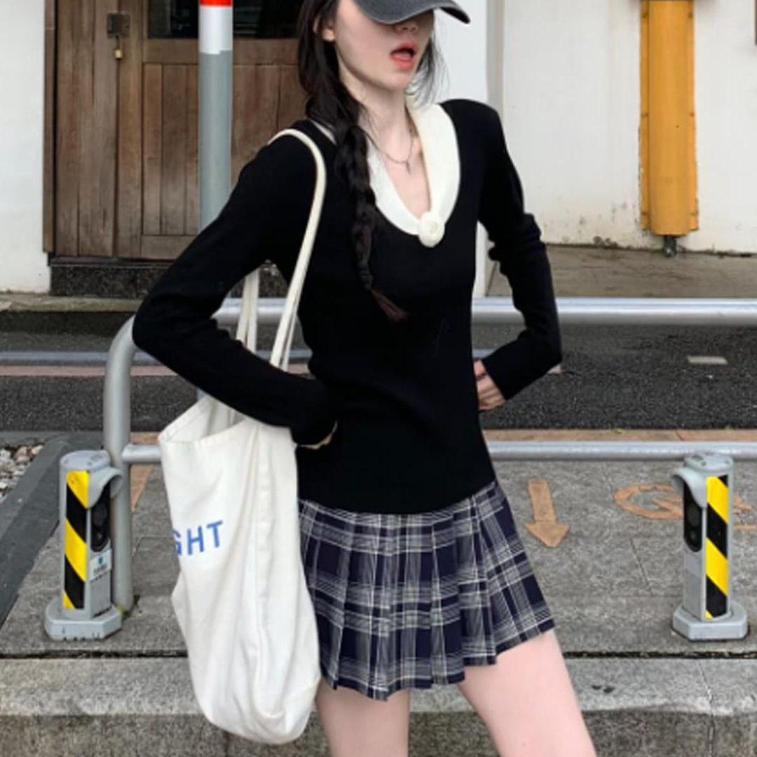 撞色立体花朵长袖针织打底衫女秋毛针织衫