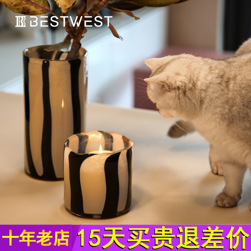 Best west 斑马纹玻璃烛台香薰蜡烛高级感软装花瓶氛围感中古摆件 家居饰品 花瓶 原图主图