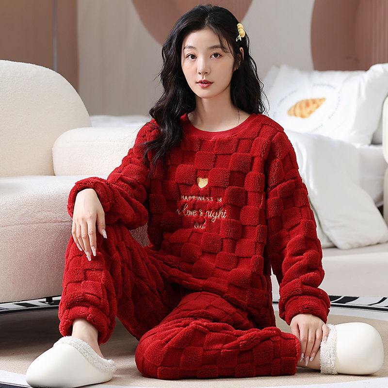 女法兰绒冬加厚保暖睡衣套