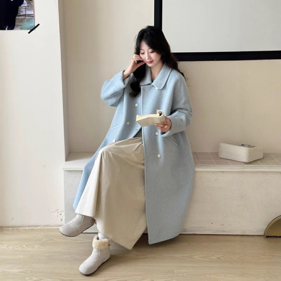 新款宽松慵懒双面羊毛大衣外套 长款加厚保暖过膝羊毛双面外套女