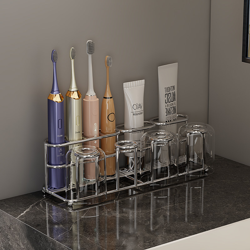 304不锈钢牙刷架卫生间置物架台面牙膏漱口杯架免打孔牙刷收纳架