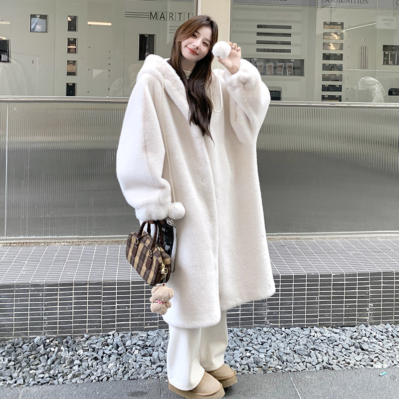 韩版保暖仿水貂绒连帽外套女2025冬季新款显瘦加厚长款毛茸茸大衣图片