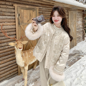 【】新中式镶钻刺绣毛毛袖羽绒服 2D111-A1382 P385 K578图片