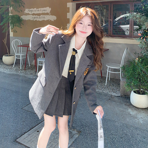 灰色学院风jk小西装套装女2023秋新款时尚小个子百褶裙西服两件套图片