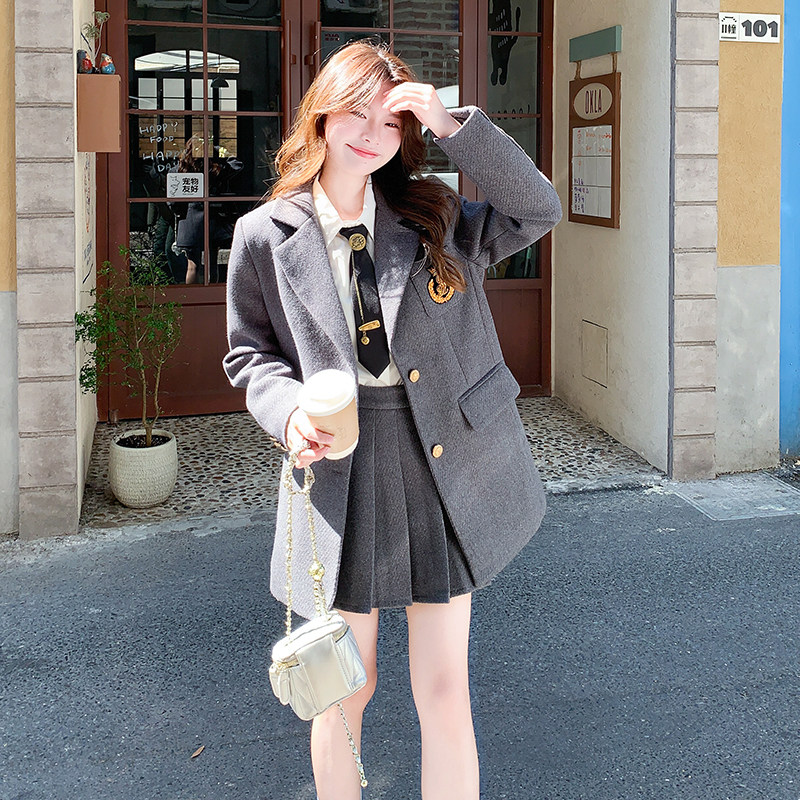 学院风灰色制服西服百褶裙套装女2025春秋新款韩系显瘦短裙两件套,女装套装/套裙,2D111
