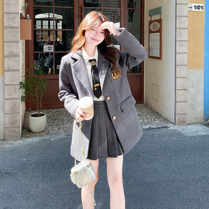 学院风灰色制服西服百褶裙套装女2025春秋新款韩系显瘦短裙两件套图片