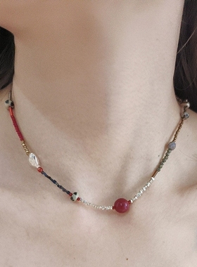 轻奢小众天然原矿朱砂爱心隔珠碎银子项链2024年新款复古串珠锁骨