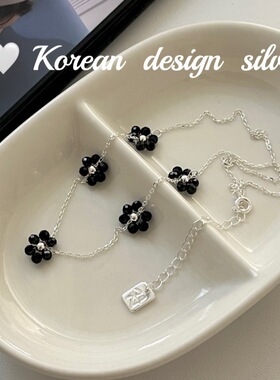 韩国ins风高级感银饰品 S925纯银黑玛瑙花花拼接项链简约创意小众