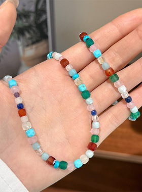 夏季彩色多巴胺精致时尚气质百搭串珠项链轻奢小众高级感锁骨链女