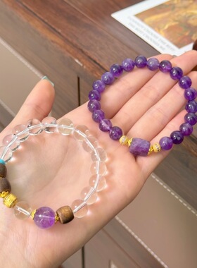 复古精致高级感老山檀白水晶紫晶文玩手串时尚气质百搭串珠手链女