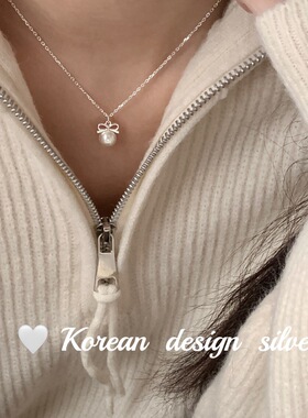 韩国设计2025新款银饰品 S925纯银蝴蝶结贝珠镂空小巧项链女精致