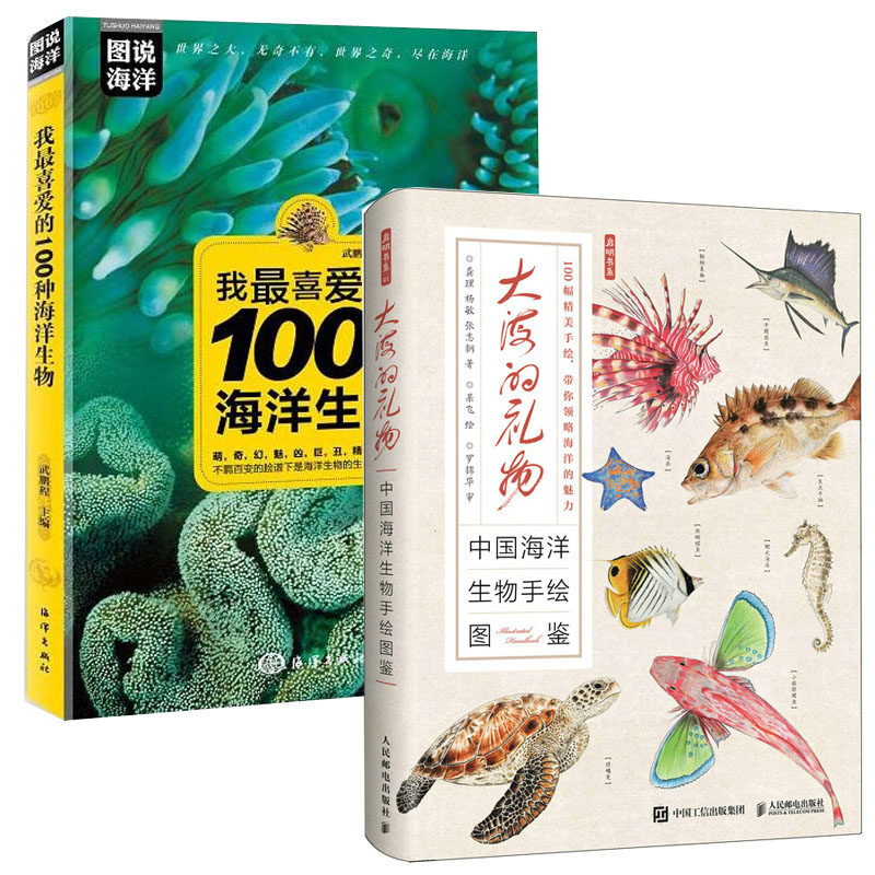 【全2册】大海的礼物中国海洋生物手绘图鉴我喜爱的100种海洋生物