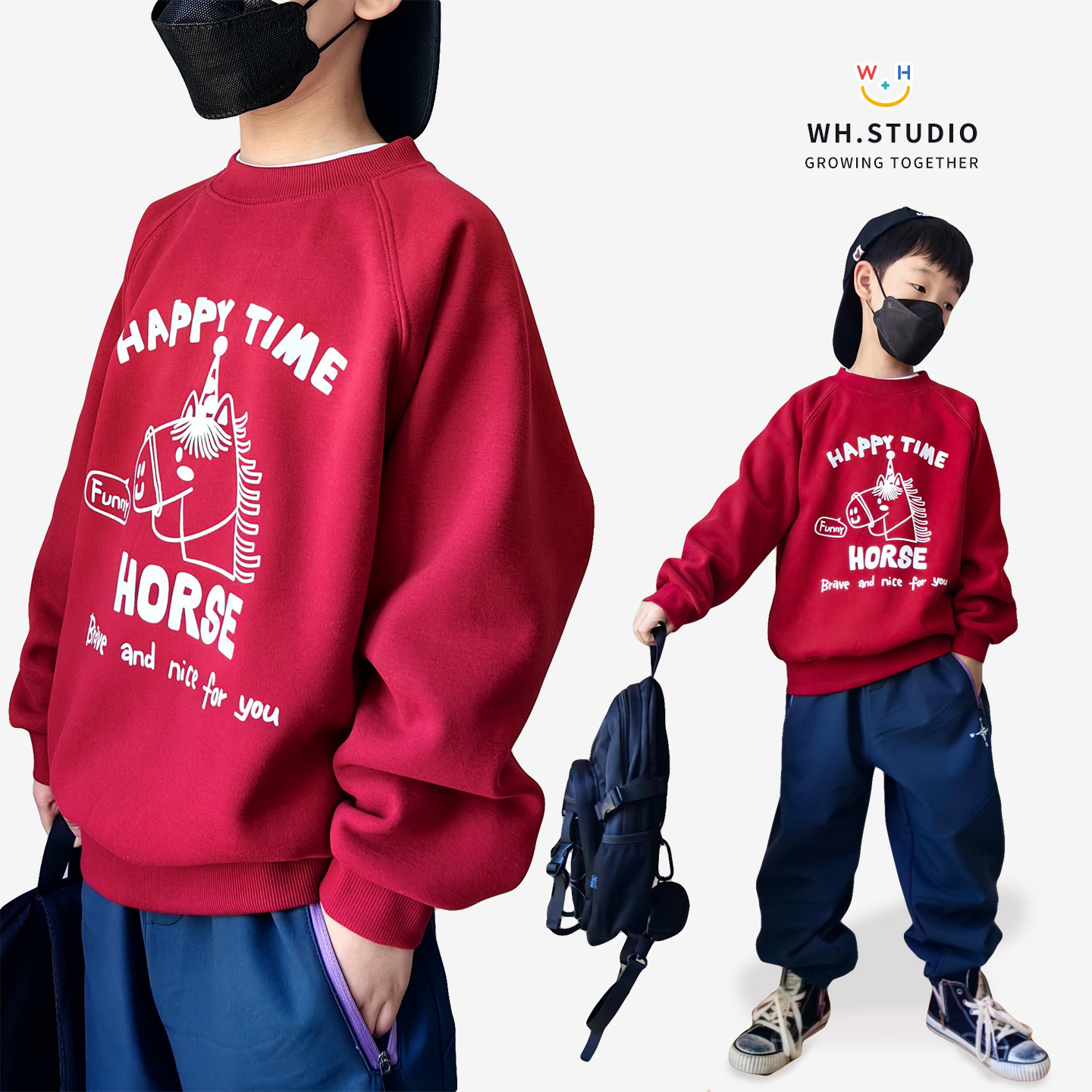 新年圣诞红色小马儿童加绒卫衣