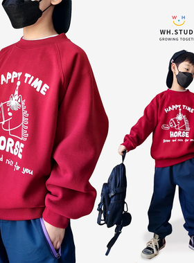 威廉家|圣诞新年服 卡通小马涂鸦儿童青少年奥粒绒一体绒红色卫衣